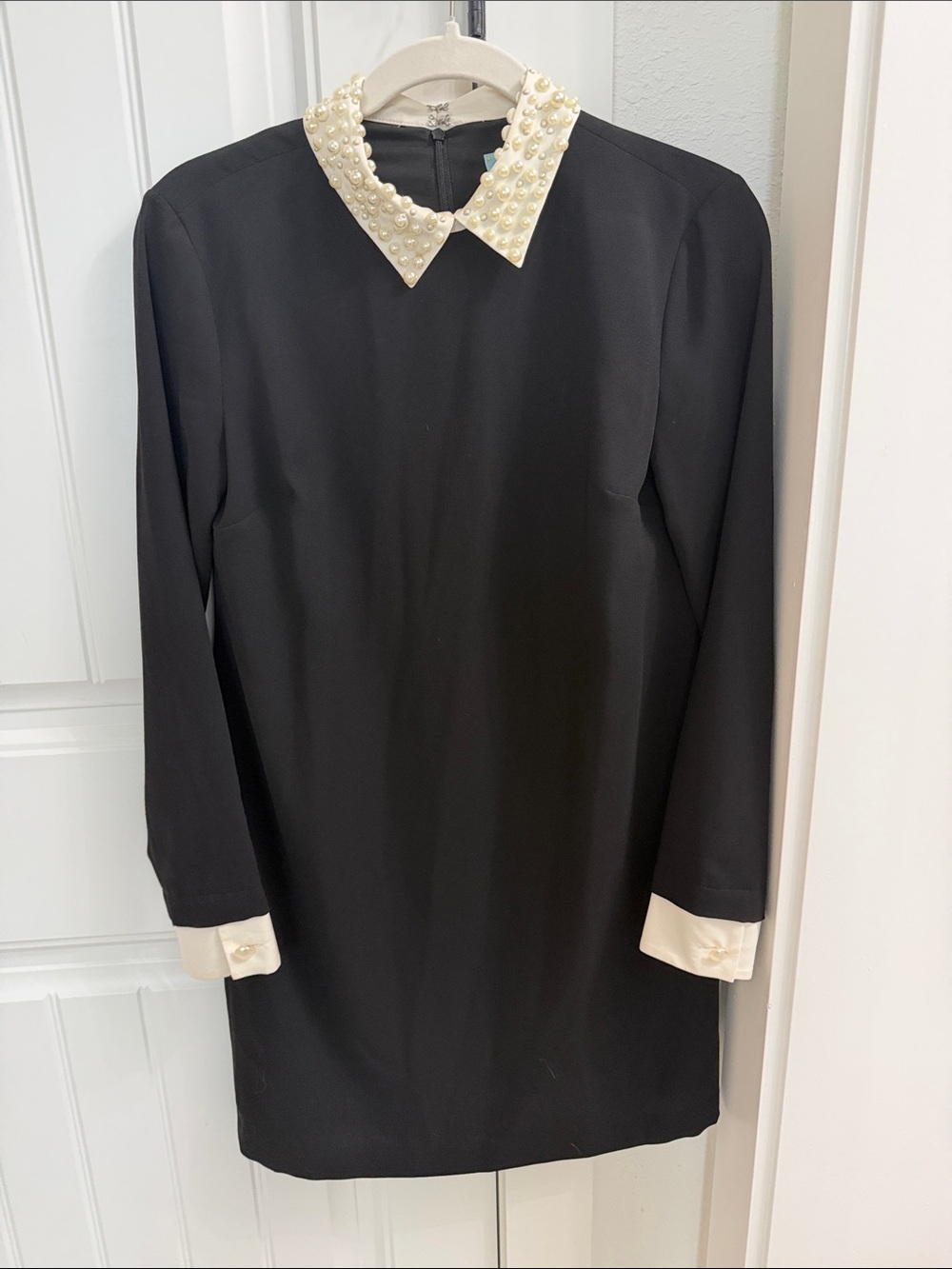 CeCe Black Long-Sleeve Shift Dress with Pearl-Embellished Cream Collar